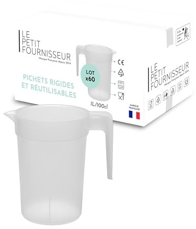 LPF LE PETIT FOURNISSEUR - Lot de 60 Pichets réutilisables 1 Litre - Polypropylène plastique alimentaire rigide (PP) - Carafe à eau, thé glacé, boissons - Compatible lave-vaisselle - Transparent Givré