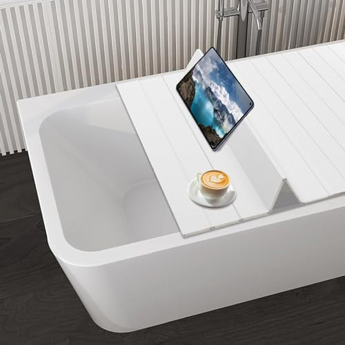 Garbenat Badewannenabdeckung 170 x 70 cm Faltbare Badewanne Brett PVC Badewannenablage Isolierung Badewannenbretter Weiß Holzmaserungs Badewanne für Haus Badezimmer