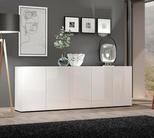 Dmora - Buffet Komani, Buffet du Salon, Commode de Salon, Garde-Manger de Cuisine, Made in Italy, 225x38h79 cm, Blanc Brillant
