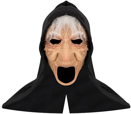TINAYAUE Halloween Hexenmaske Gruselige Alte Frau Hexe Maske Latex Zauberer Vollgesichtsmaske Cosplay Kostüm Realistische Hexen Maske für Halloween, Fasching, Mottopartys