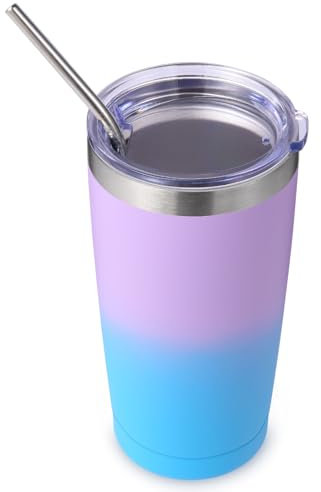 Volhoply 20oz 550ml Travel Insulated Tumbler with Lid and Straw, Double Wall Insulated Travel Iced Coffee Mug Fits Cup Holder,Powder Coated Cups for Hot & Cold Drinks, BPA Free(Lavender,1 Set)