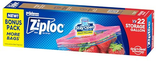 Ziploc Gallon Food Storage Bags, Stay Open Design with Stand-Up Bottom, Easy to Fill, 22 Count