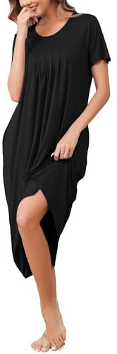 Vlazom Women's Long Nightgown Pleated Casual Nightdress Short Sleeve Soft Nighties Nightwear with Pockets,Back,M Black