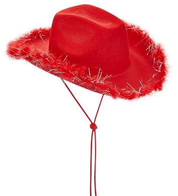 LYSINK Cowboyhut für Damen, Diamant-Quasten-Cowgirl-Hut, Strass-Fransen-Kuh-Jungen-Hüte, Rave-Junggesellenabschied-Zubehör, A-roter Flaum, Einheitsgröße
