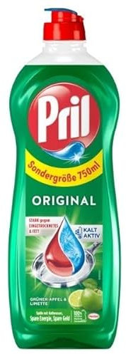 Pril Handspülmittel, hohe Fettlösekraft, brillanter Glanz, für Geschirr, Gläser und Töpfe, mit Verschlusskappe, 100% recyceltes Plastik 750ml (Apfel)