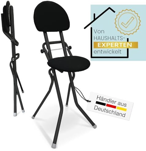 ELONEO Sitzhilfe, Bügelstehhilfe rückenschonend, rutschfest u. platzsparend, 3-Fach höhenverstellbar (58-65 cm), mit Rückenkissen, belastbar bis 120kg, Schwarz 45 x 98 x 47 cm