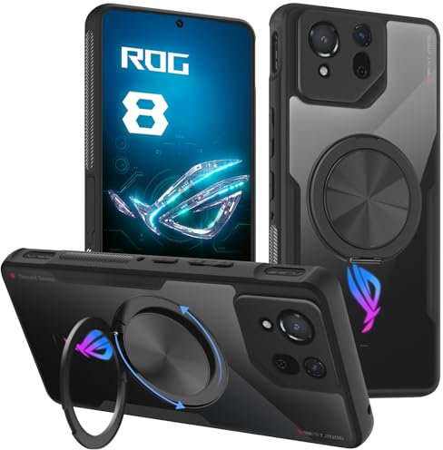 HARUINO para ASUS ROG Phone 8 Pro Funda Rog 8 Carcasa Protectora con Anillo Soporte 360° [Textura Antideslizante], Transparente PC Trasera y TPU Silicona Bordes Negro Protección Case
