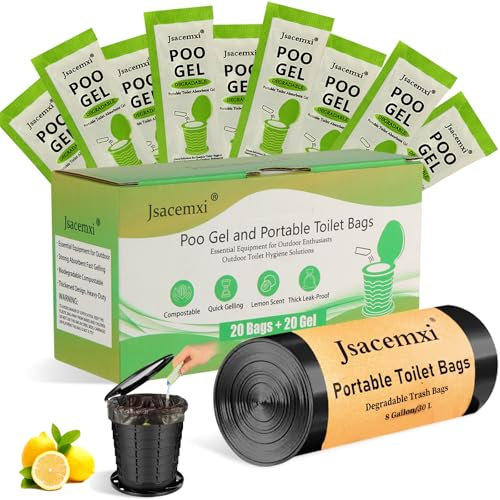 Jsacemxi Portable Camping Toilet Bags Poo Gel Set, 8 Gallon Portable Toilet Bags and Gel, Compostable Camp Potty Bags with Gel for Outdoor Camping Hiking (20Bags+20Gel)