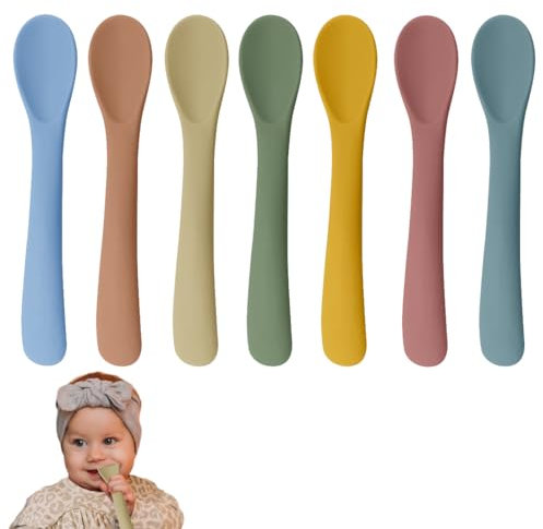 Cucchiaino Silicone Neonato, 7 Pezzi, Cucchiaino Svezzamento Silicone, Cucchiaio da Addestramento per L'alimentazione del Bambino, Perfetti per l'Autoalimentazione e Svezzamento Neonati
