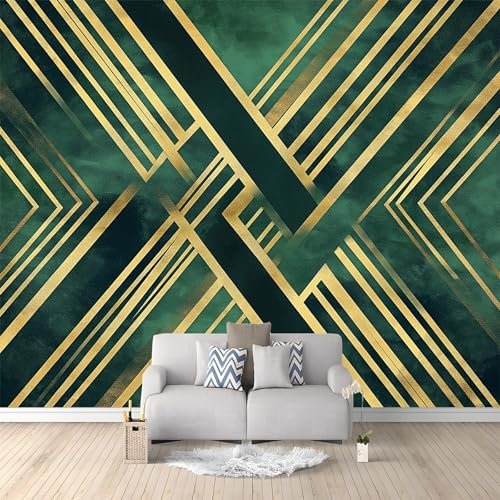 Foto Tapete Wandbild Geometrisch Art Deco Gold Grün 250x175 cm Tapete Vliestapete 3D Effekt Tapete Vlies Wandbild Wohnzimmer Schlafzimme Wanddekoration Fototapete