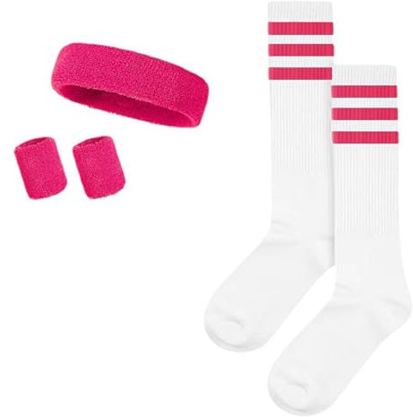Schweissband und Socken Set,Tennissocken,Weiß,Rosa,Jahre Schweißband Gestreiftes Stirnband,Gestreifte Hohe für Damen Herren Fasching SchweißBänder Sport Laufen,Radfahren Karneval Kostüme Party,Pink