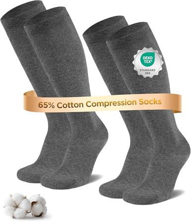 Niofind Chaussettes de Compression Homme & Femme, 2 Paires, 65% Coton | Modèle genou avec large bord, pointe sans couture, talon et pointe renforcés; chaussettes de maintien pour voyage et travail
