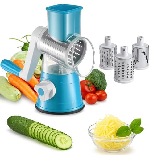 CROWNSHOP Rotary Cheese Grater Handheld Vegetable Slicer with 3 Stainless Steel Drum Blades for Vegetables Cheese Carrots Nuts Blue