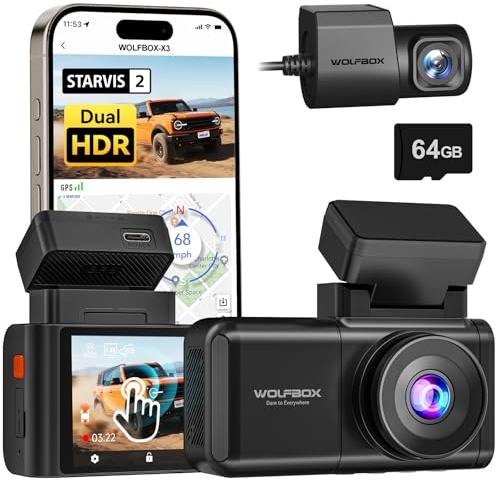 WOLFBOX X3 2.5K 60FPS Dash Cam, 5MP STARVIS 2 IMX675 with ADAS, 64GB Card | 2.5K+1080P Dash Cam Front and Rear, Built-in 5.8GHz WiFi & GPS, G-Sensor, Loop Recording, Touch Screen, 24H Parking Mode