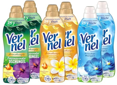 Vernel Mixpaket – 2x Frischer Morgen, 2x Faszinierender Dschungel, 2x Sinnliche Frangipani – 6er Weichspüler Set für 24/7 Duftfrische