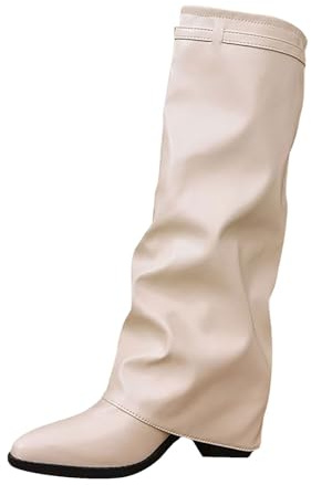 Stivali sopra il ginocchio, da donna, in pelle, sexy, pieghevoli, a gambo lungo, con tacco a blocco, comodi da donna, antiscivolo, bianco, 39 EU