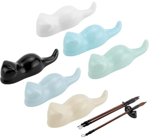 Koolenry For Calligraphy Painting Art Pen Rest Stand 6PCS Cats Porcelain Brush Holder, 6 Colors Ceramic Paint Brush Rest