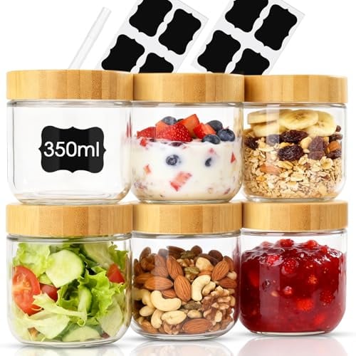 Otauoaea 6 Piezas Tarros de Cristal con Tapa, 350ml Vasos Yogurtera con Tapa, Mason Jar Botes de Cristal Hermetico Overnight Oats Jar para Yogur, Mermelada, Especias, Cereales, Pudín