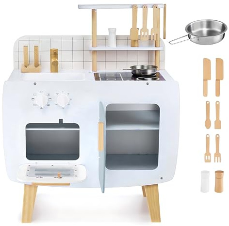 ZOLTA Holzküche für Kinder Retro Blau – Spielküche mit Zubehör, Herd, Backofen, Spüle, Regalen, Kochutensilien, CE-Zertifiziert, Holz & MDF, sichere Farben, ab 3 Jahren