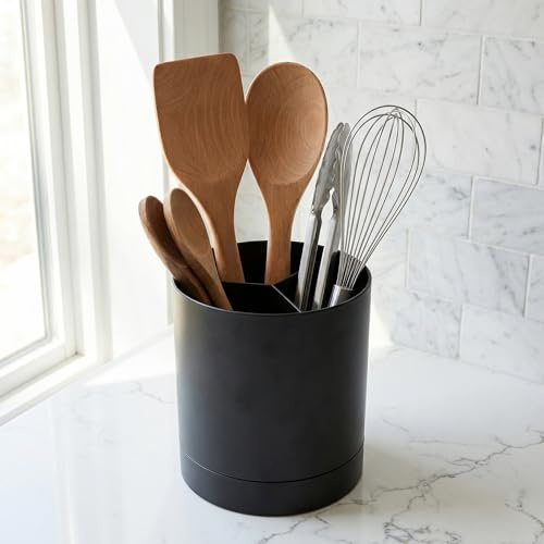 Dtenlur Porta Utensili de Cocina Moderno Organizador para Utensilio de Cocina 16,5x14,5cm Porta Utensili Giratorio 360°Recipiente para Utensilio Negro con Base Antideslizante Organizador para Espátula