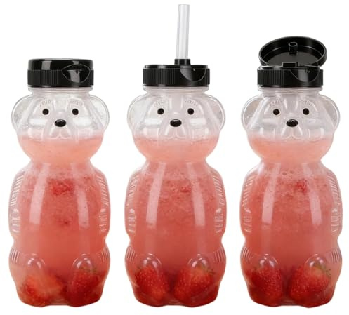 Fabater 3 Vasos con Pajita de Oso, Vaso Reutilizable para Beber de 230 Ml, Pajitas Largas, Botella de Oso de Jugo para Bebidas Frías, Batidos de Leche, Jugo, a Prueba de Fugas