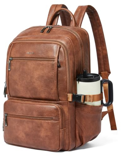 Shrrie 17 Inch Laptop Leather Backpack Work Laptop Backpack Purse for Women Mens Travel Back Pack Large Capacity for Business College Women Convertible Tote Brown Backpack Computer Purse