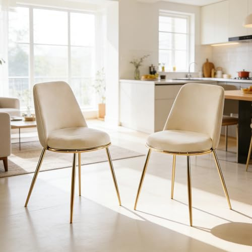 PLLBIKK Lot de 4 chaises de salle à manger, de cuisine, de salle à manger, rembourrées, avec pieds en métal plaqué or, rembourrage en velours, pour salle à manger, cuisine et salon (blanc crème)