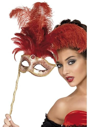 Smiffys Barock-Fantasie Augenmaske, Rot, mit Federn