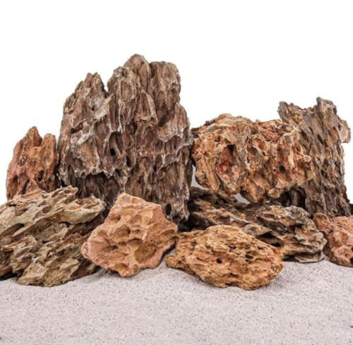 AquaOne Aquarium Steine Drachenstein I Natursteine 20kg I 300-1000g pro Stein I Aquascaping Gestein für Tank I Felsen Dekoration Pagode Rückwand I Deko Aquascape braun