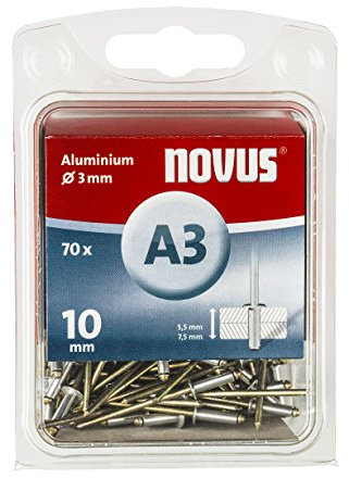 Novus Aluminium-Blindnieten 10 mm, 70 Nieten, Ø 3 mm, 5.0-7.5 mm Klemmlänge, für Nichteisen Metall, Stoffen und Leder