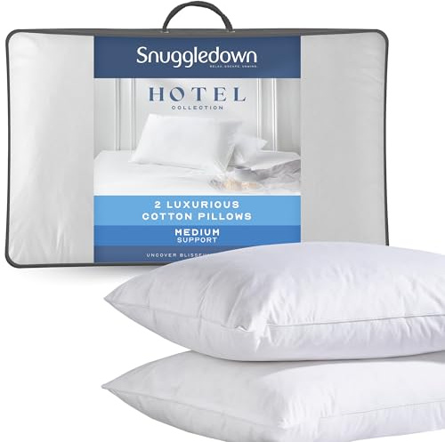 Snuggledown Luxury Cotton Pillows 2 Pack - Hotel Quality Ultra-Soft Cluster Fibre Filled Pillows for Back & Side Sleepers | 100% Cotton Cover, UK-Made, Non-Allergenic & Washable (48 x 74cm)
