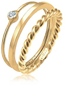 Elli Ring Damen Set Solitär Basic Gedreht mit Kristall in 925 Sterling Silber Vergoldet