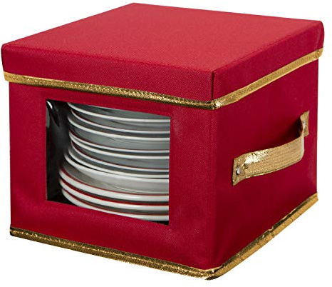 Simplify Holiday Salad Plate Dinnerware Storage Box | 9.45 Inch | Christmas China | 12 Felt Dividers | Tableware Setting | Red
