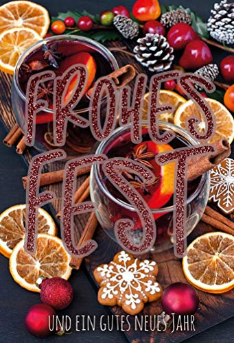 KE - Exklusives Weihnachtskarten Set mit Glitzer und Umschlag, DIN A6 Format (17,1 x 11,7cm) - Perfekt für festliche Grüße | Motiv: Zimt
