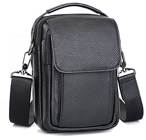 Augus Leather Small Messenger Bag For Men Crossbody Handbag Shoulder Sling Travel Bags for Men Purse Daypack Magnetic Buckle, Black, Small