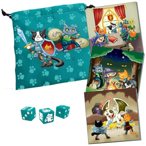 Steve Jackson Games | Dungeon Survival Pack Kitten Adventurers | Large Drawstring Dice Bag 7.5” x 7.5” | Printed Fabric | Three Teal Six-Sided Dice | Three Journals | RPG Tabletop Adventure