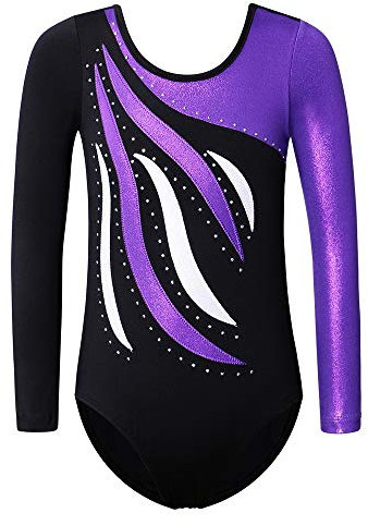 XFGIRLS Gymnastikanzug für Mädchen, langärmelig, glitzernd, glänzend, athletisch, Ballett, Tanz, Turnanzug, 3–14 Jahre, schwarz / lila, 5-6 Years