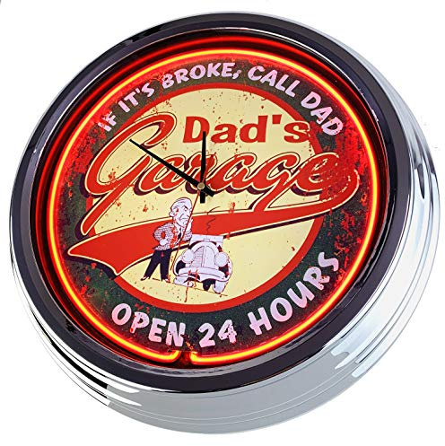 US-Way.de Dads Garage Open 24 Hours – 44 cm Durchmesser, Deko-Wanduhr ohne Tickgeräusche und gut lesbares Display, USA 50er-Jahre-Stil Neon-Uhr für Küche, Büro (Orange)