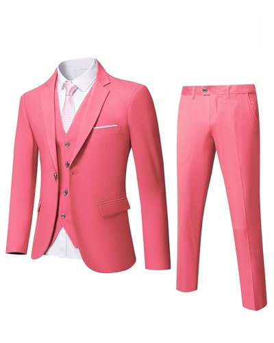 YND Ensemble 3 pièces pour homme, coupe ajustée, veste unie à un bouton, gilet et pantalon avec cravate, rose, Taille M