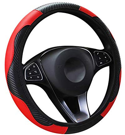 LMYDIDO Auto-Lenkradbezug, Leder, rutschfest, atmungsaktiv, Kohlefaser, Sport, elastisches Band ohne Innenring, Lenkradbezug, Universalgröße 37–39 cm, Rot
