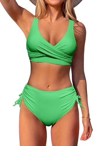 Beachsissi Damen Hoch taillierte Badeanzüge Criss Cross Drawstring Side Bikini Sets Lace Up 2 Stück Badeanzüge, Fluoreszierendes Grün, M