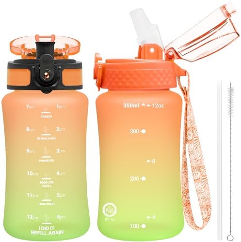 OLDLEY Kinder-Wasserflasche für die Schule, 340 ml (2 Deckel), BPA-frei, langlebige Tritan-Kunststoff-Wasserflaschen mit Strohhalm und Umarmungsdeckel, Anti-Staub-Auslaufabdeckung (Sweet Orange)