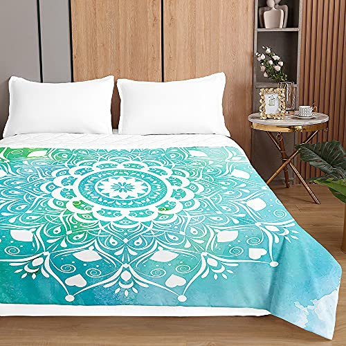 Chickwin Tagesdecke Bettüberwurf, Mandala Drucken Tagesdecken mit Prägemuster Gesteppt Steppdecke Überwurf Wohndecke aus Mikrofaser (220x240cm,Türkis)