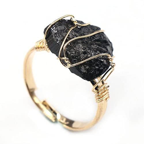 WLLDDDIU Natürlicher Schwarzer Turmalin-Ring Unregelmäßiger Rauer Kristall Goldener Ring Verstellbar Offene Steinringe Für Frauen Reiki-Balance Knöchel-Fingerringe Für Frauen Mädchen Männer