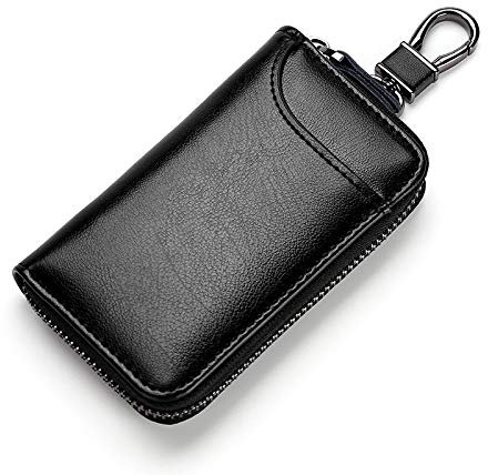 TECHNOPLAY Portachiavi unisex in pelle di alta qualità, con fibbia, 6 ganci e 1 fibbia per chiavi dell'auto, chiusura con cerniera, porta carte di credito, Nero , slim