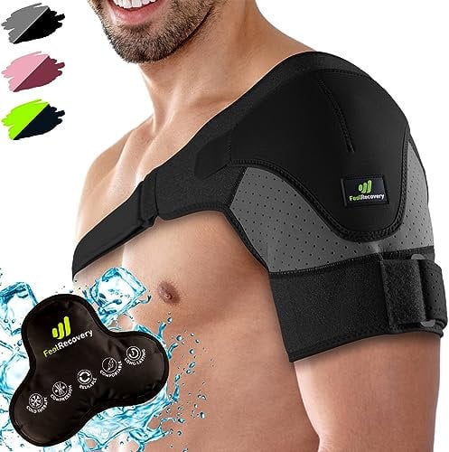 Sport Schulterbandage für Herren & Frauen mit Kühlpads Gel Kälte- Wärmetherapie - Unterstützung der Rotatorenmanschette - Neopren Verstellbare Schulterbandage Linken & Rechten Arm (L/XL, Schwarz)