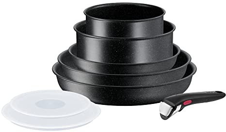 T-fal Ingenio Black Stone L3999502 Batterie de cuisine 8 pièces, effet pierre avec poignée amovible, multifonction, revêtement minéralia+, indicateurs de chaleur et grande compatibilité, noir