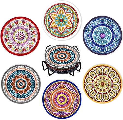 JSWLYWMTPJ Mandala-Untersetzer mit Halterung, Untersetzer für Getränke, Untersetzer für Couchtisch, saugfähig, Diamantkunst-Untersetzer für Getränke