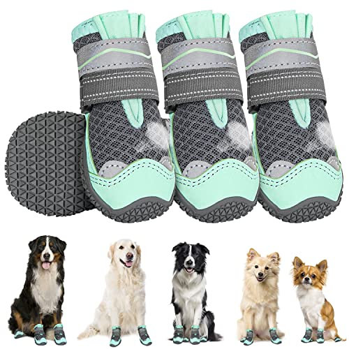 Eyein Hundeschuhe Pfotenschutz, 4 Stück atmungsaktiv Hundeschuhe mit Rutschfester Sohle und reflektierendem Klettverschluss für kleine, mittlere und große Hunde, Sport im Freien, Grün, Größe 3