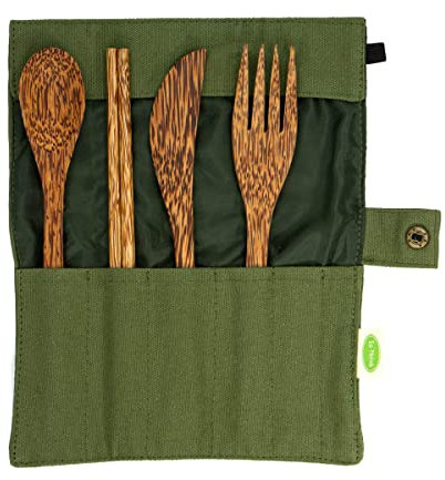 Io Nova ® wiederverwendbares To Go Besteck Set 4teilig (Messer, Gabel, Löffel, Stäbchen) aus 100% Kokosholz, plastikfrei & nachhaltig, Reisebesteck, Outdoor, Camping-Besteck, Grillbesteck inkl. Tasche